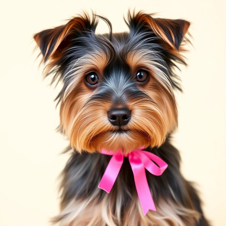 Yorkie with a pink ribbon